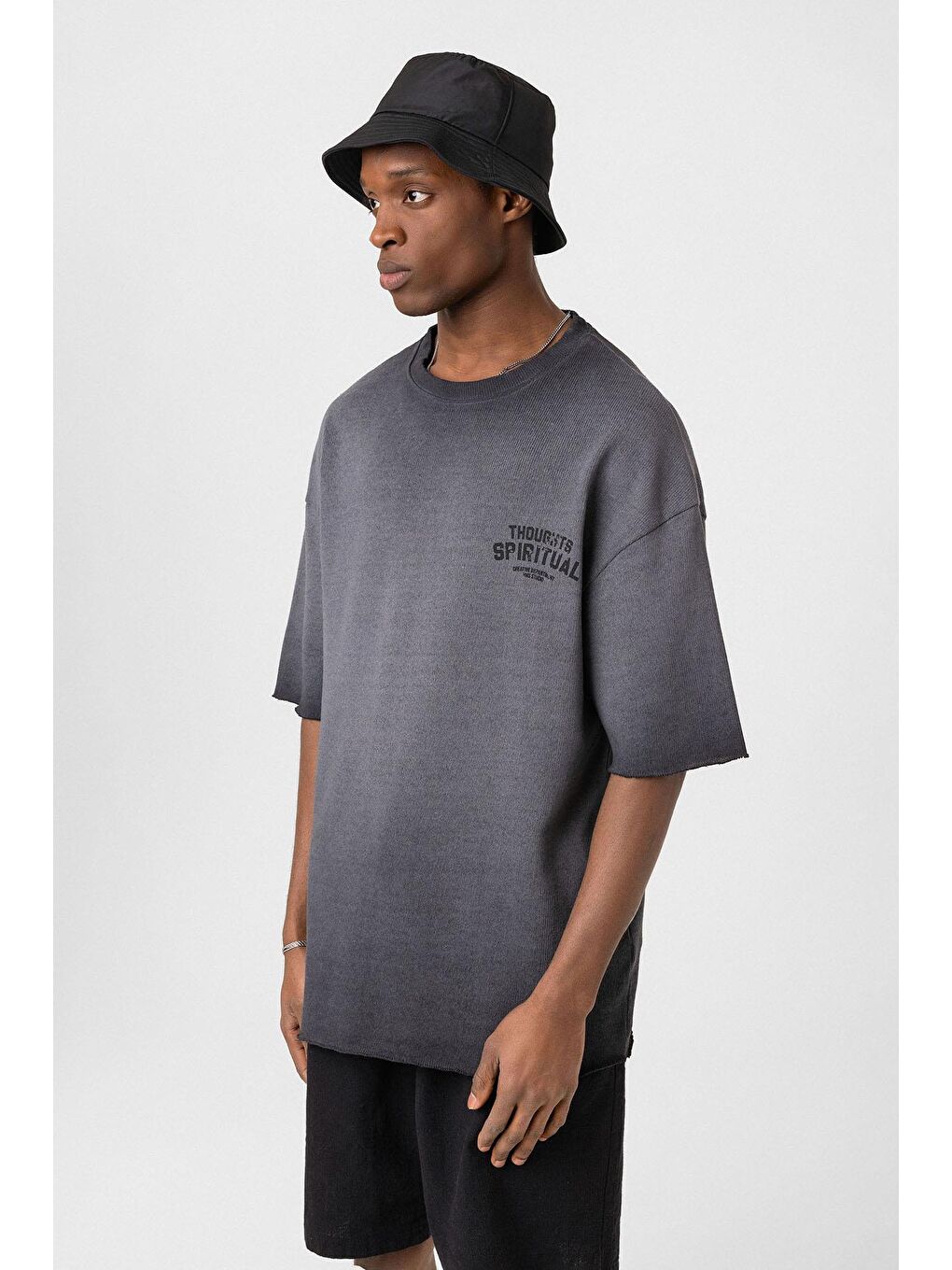 Yıkamalı Oversize Triko Tişört Siyah-3