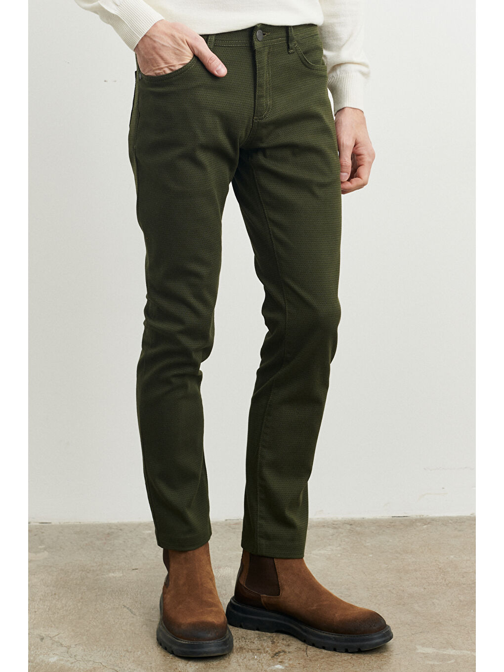 Erkek Haki Slim Fit Dar Kesim Armürlü Esnek Casual Pantolon
