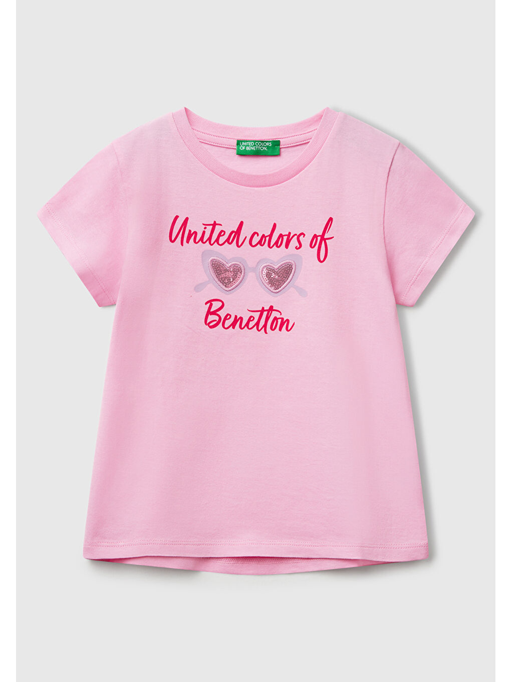 Kız Çocuk Pembe Simli Benetton Logo Baskılı T-Shirt