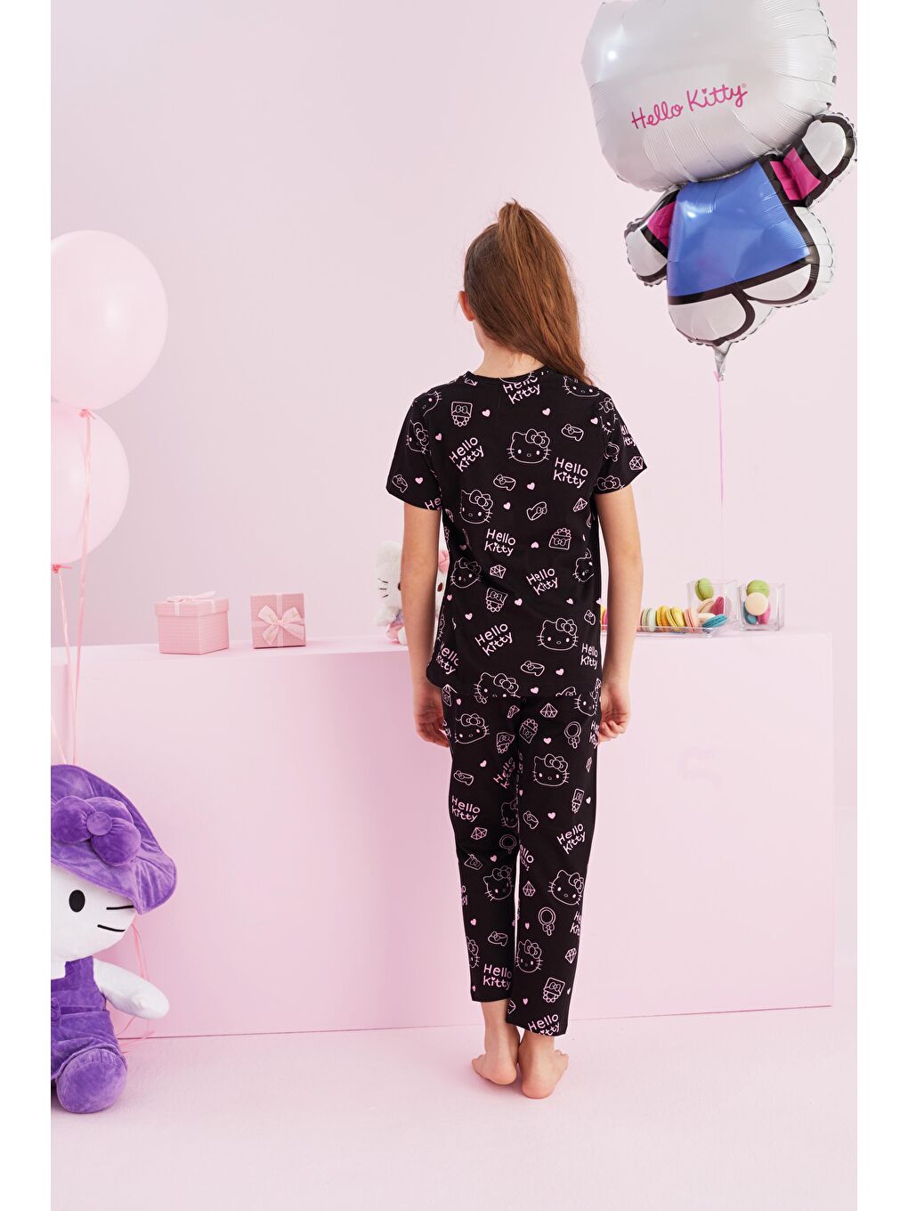 SİYAH İNCİ Siyah Hello Kitty Lisanslı %100 Pamuk Siyah Çok Renkli Bisklet Yaka Pijama Takım - 2