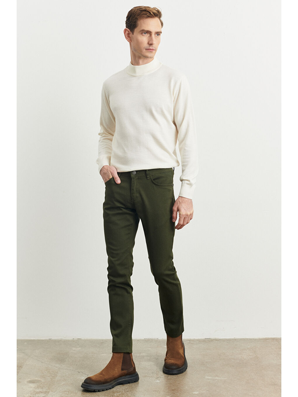 Erkek Haki Slim Fit Dar Kesim Armürlü Esnek Casual Pantolon-3