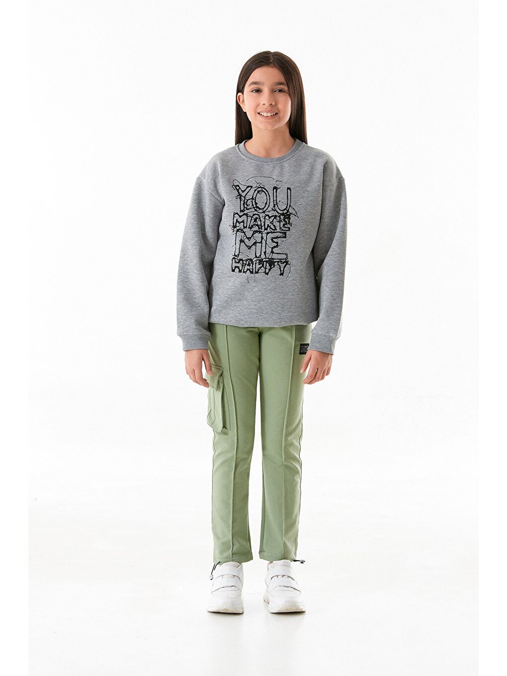 Yeşil Beli Lastikli Paçası Stoperli Kargo Cepli Kız Çocuk Eşofman Altı