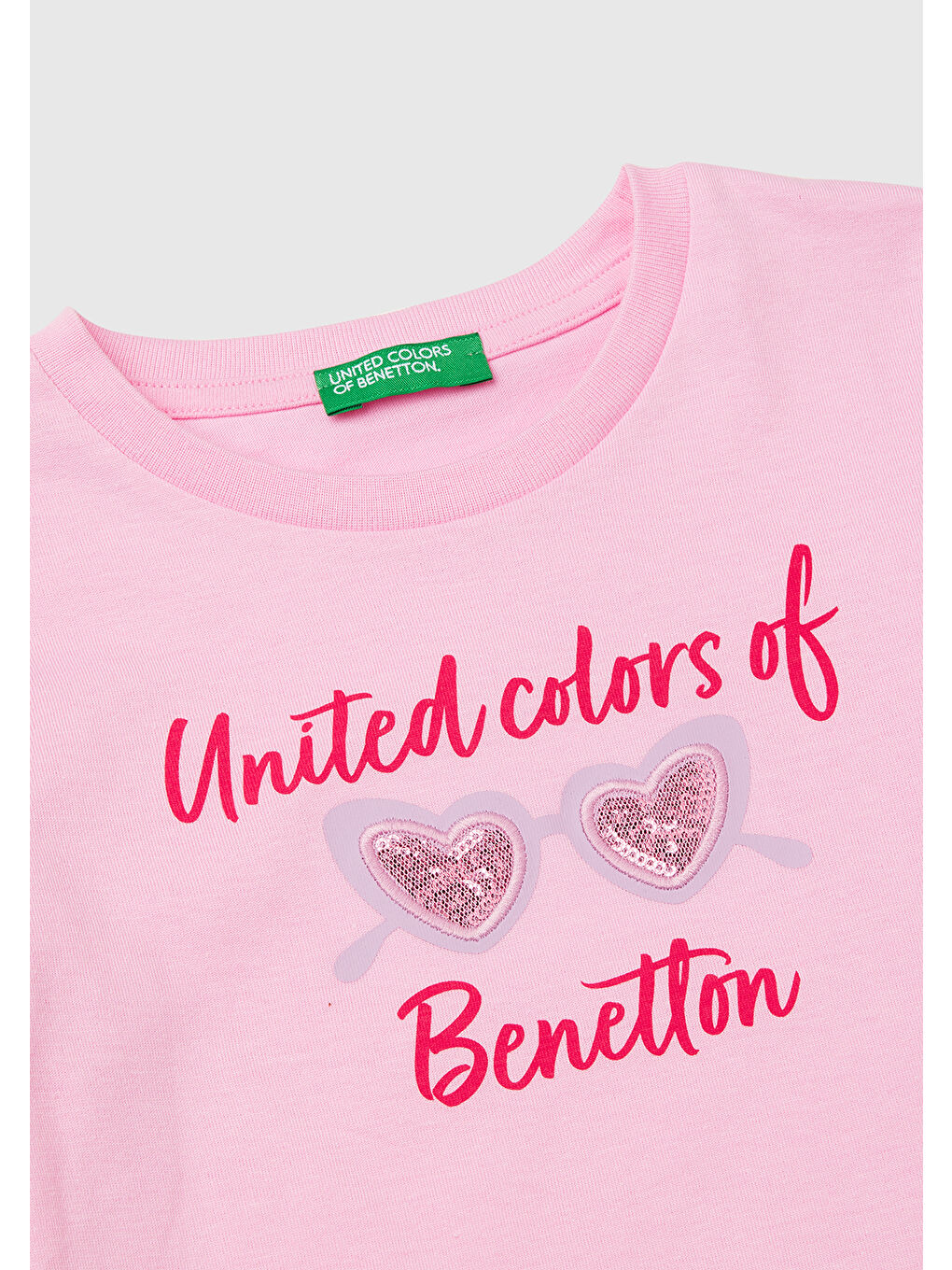 Kız Çocuk Pembe Simli Benetton Logo Baskılı T-Shirt-2