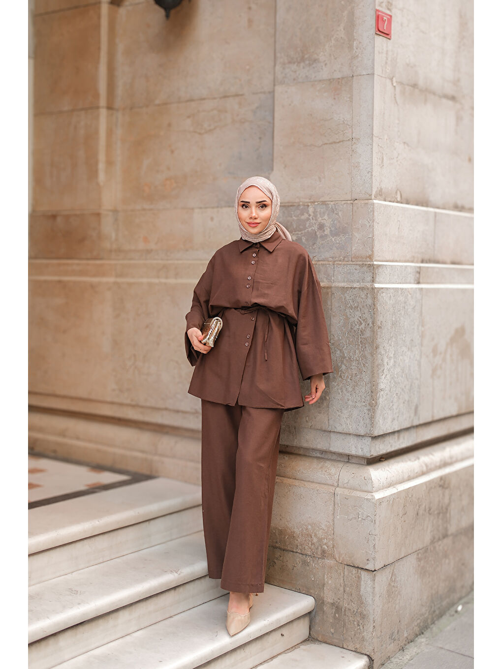 Kadın Çift Düğme Detaylı Takım Kahverengi