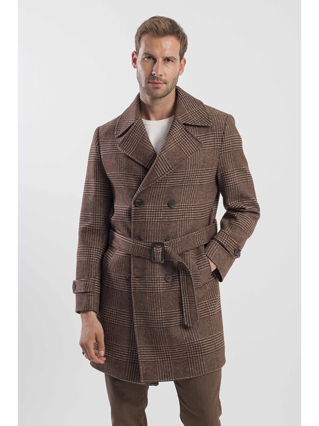 Kahverengi Kahve Slim Fit Gemici Yaka Ekoseli Yünlü Kaban