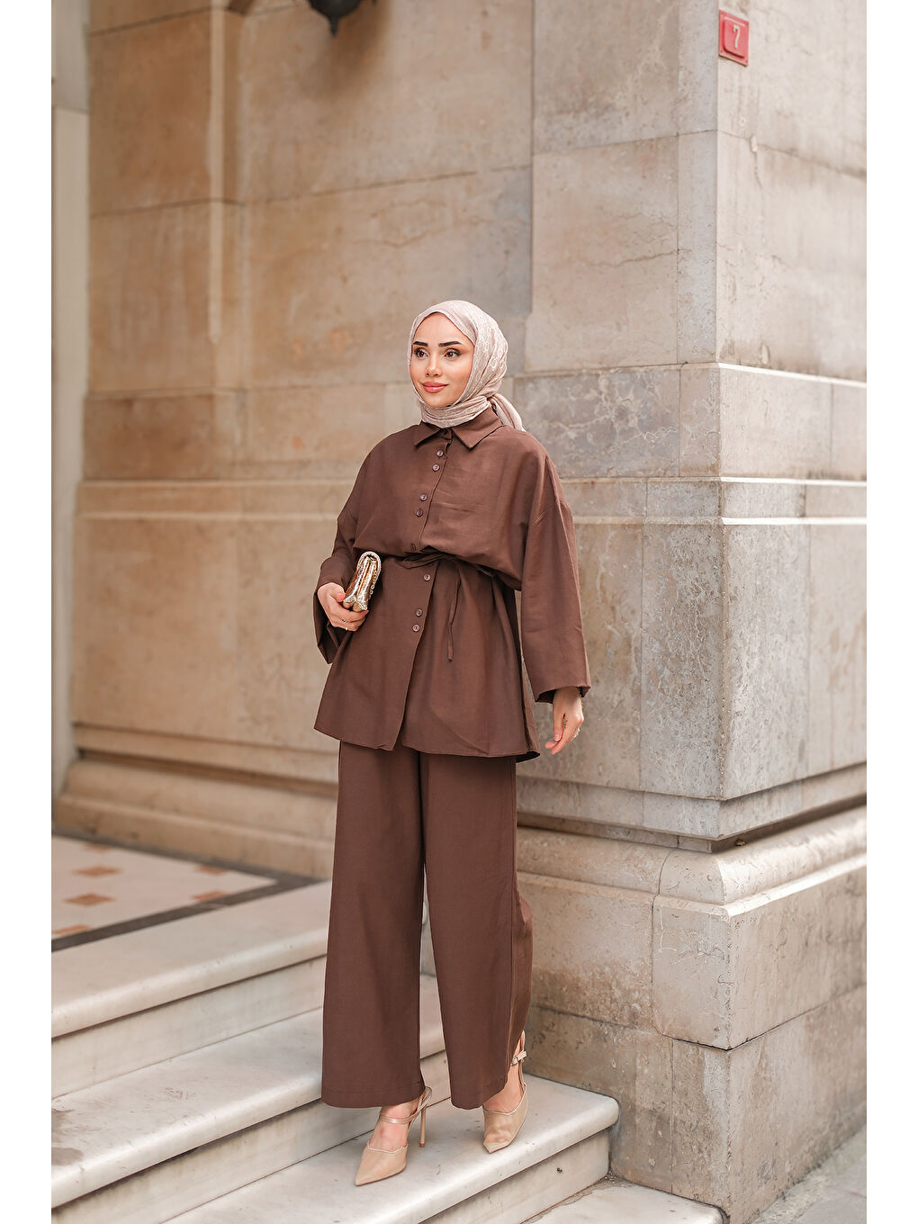 Kadın Çift Düğme Detaylı Takım Kahverengi-1