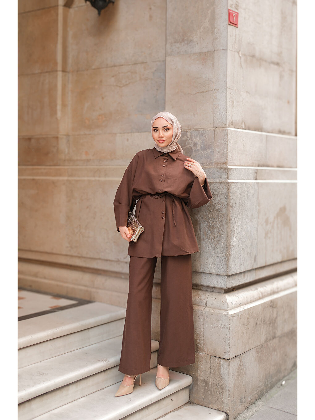 Kadın Çift Düğme Detaylı Takım Kahverengi-2