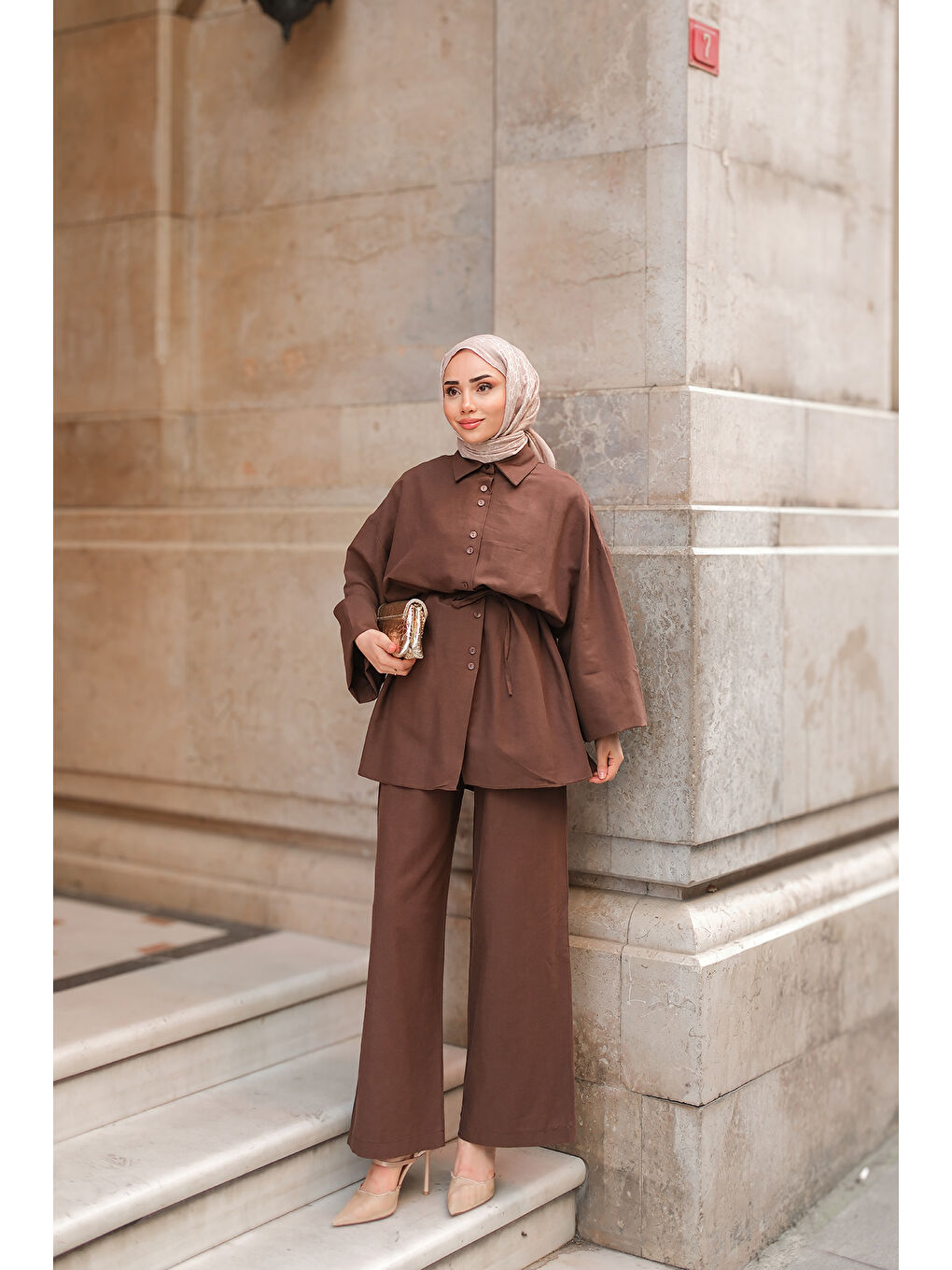 Kadın Çift Düğme Detaylı Takım Kahverengi-3