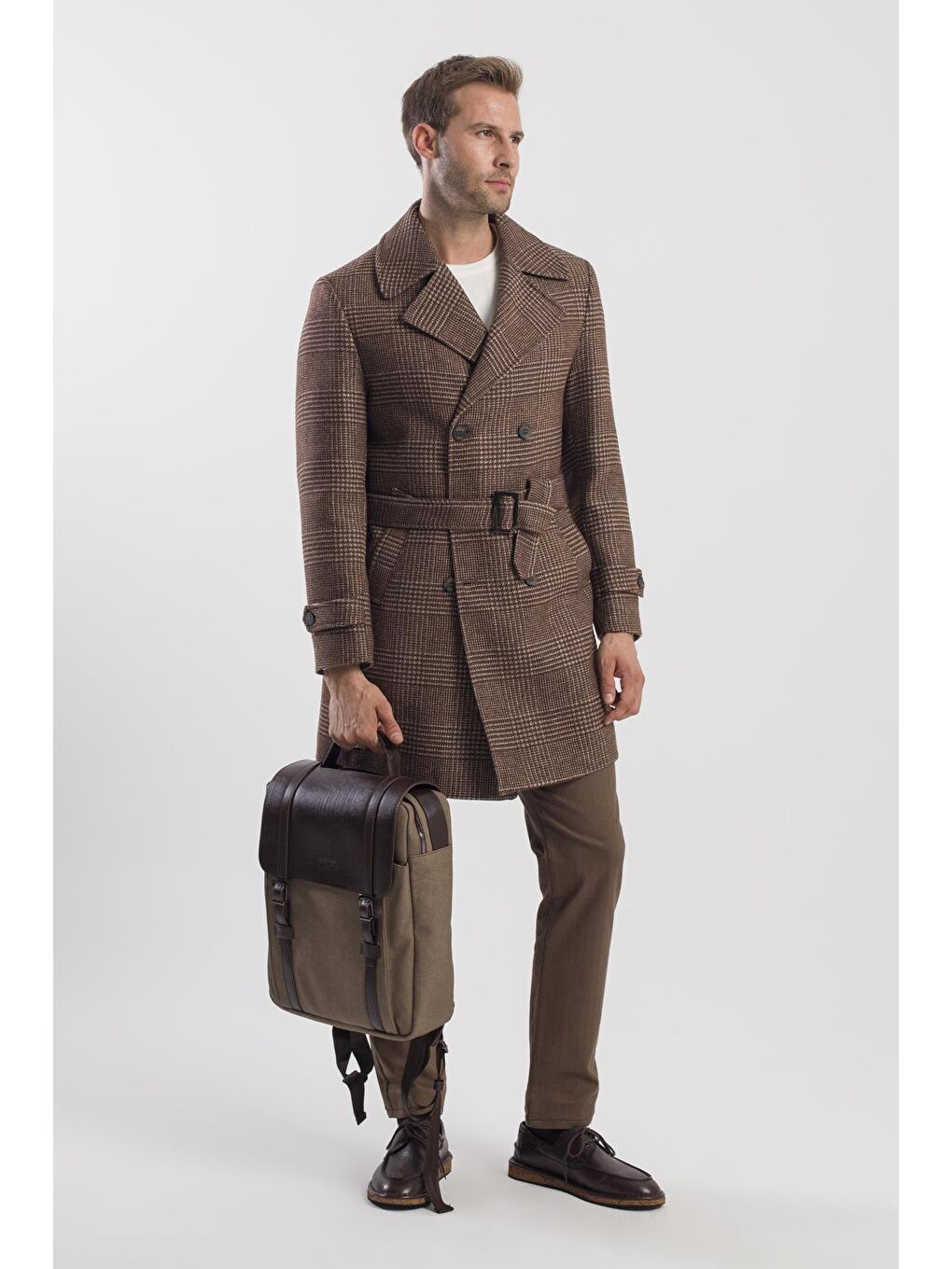 Kahverengi Kahve Slim Fit Gemici Yaka Ekoseli Yünlü Kaban-1