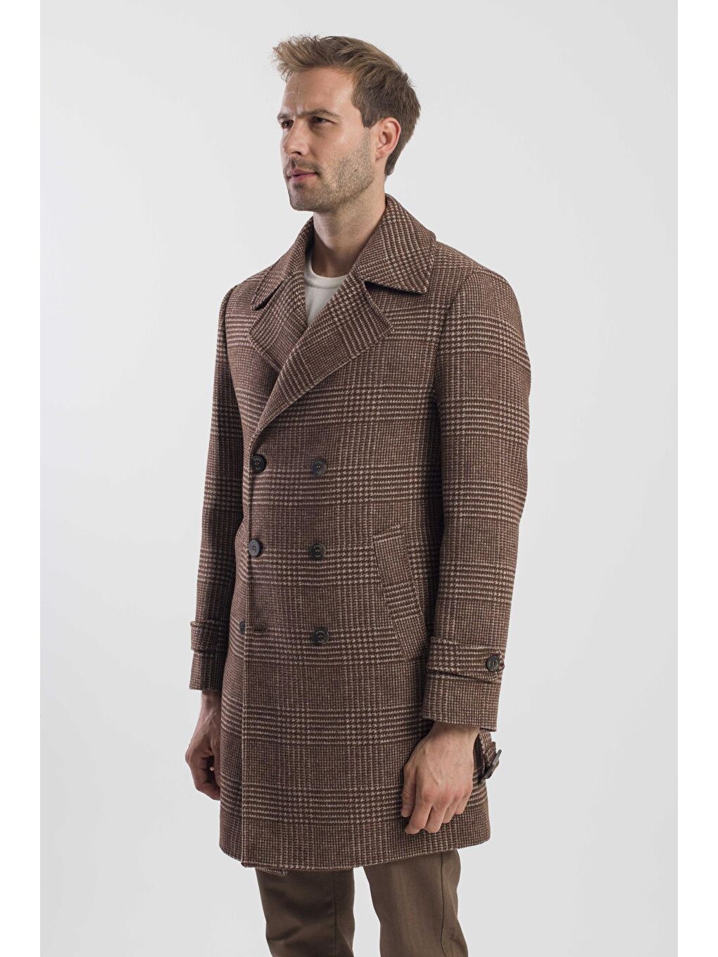 Kahverengi Kahve Slim Fit Gemici Yaka Ekoseli Yünlü Kaban-2