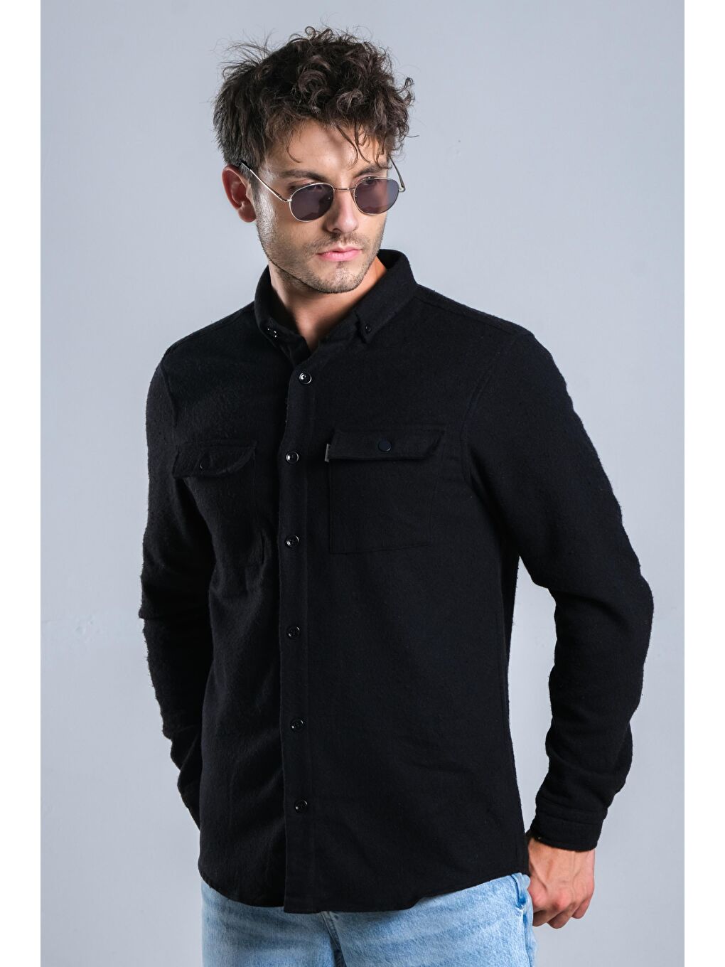Siyah Demir Düğmeli Kapaklı Kışlık Oduncu Gömlek MAR 4145-4