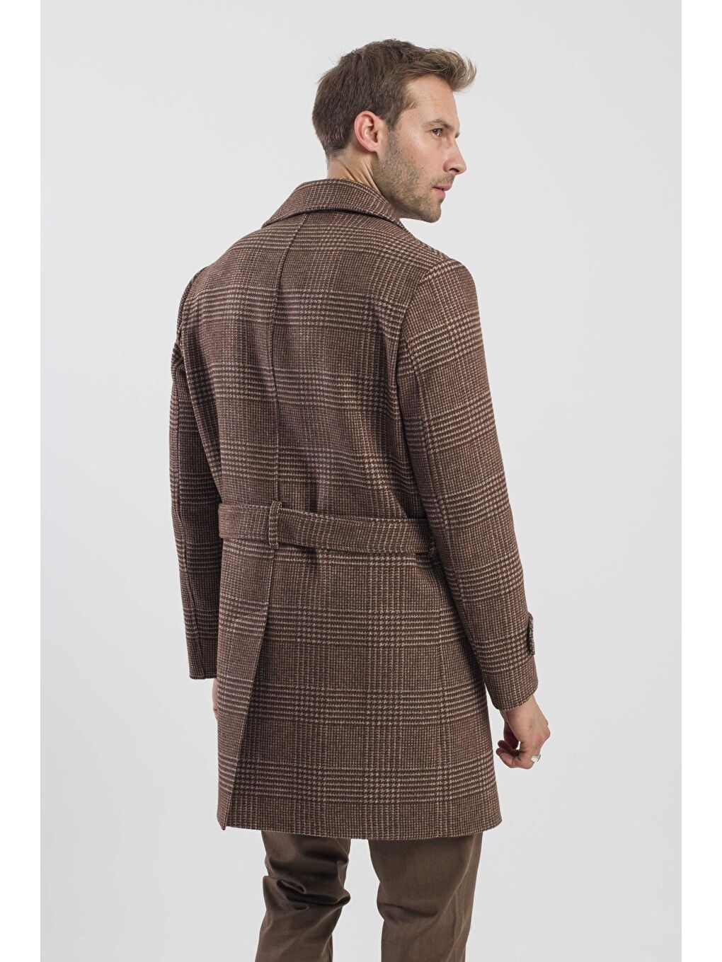 Kahverengi Kahve Slim Fit Gemici Yaka Ekoseli Yünlü Kaban-3