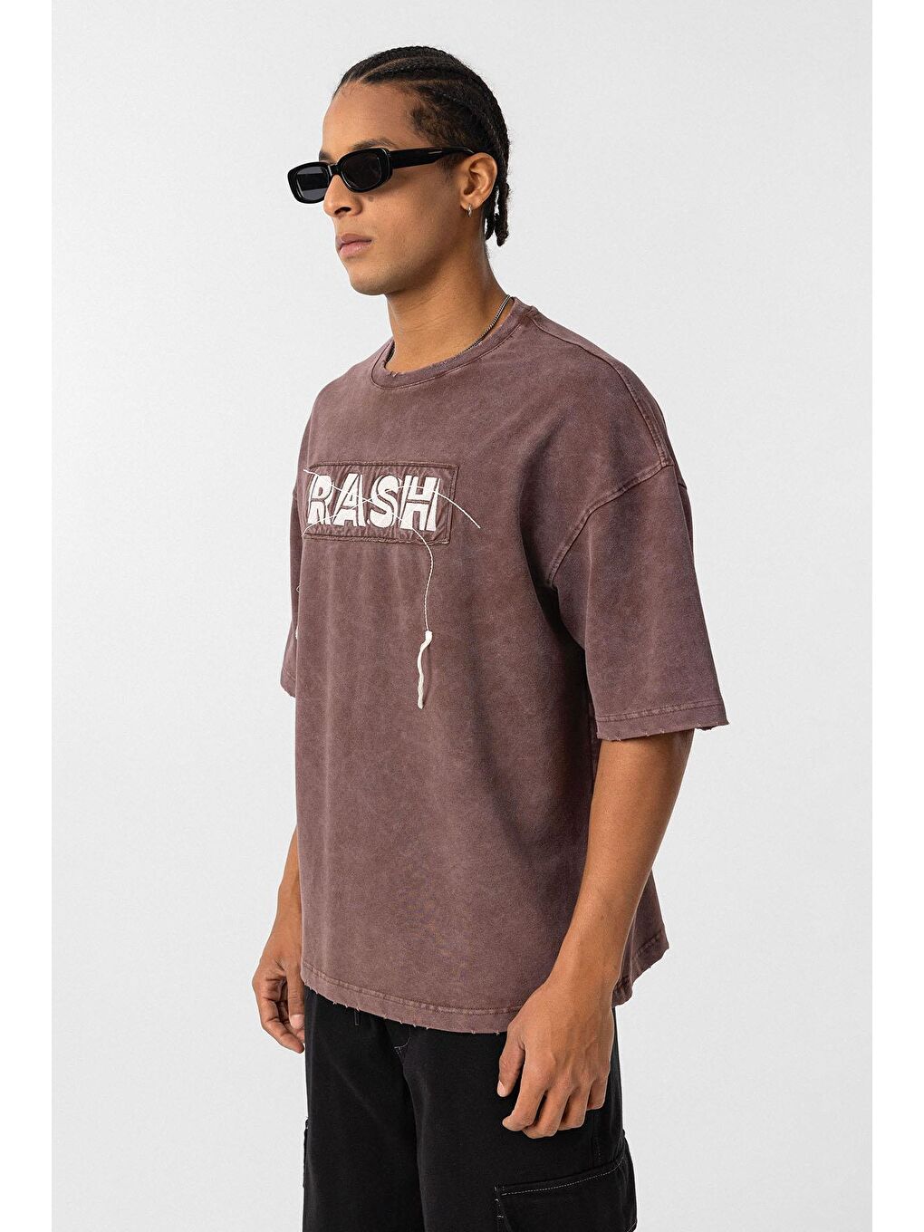 Kahverengi Yıkamalı Oversize Baskılı Tişört Kahve-3