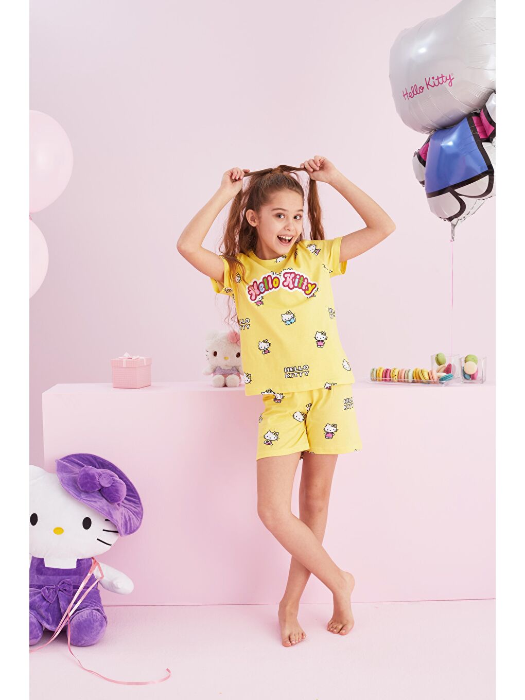 SİYAH İNCİ Sarı Hello Kitty Lisanslı %100 Pamuk Sarı Çok Renkli Bisklet Yaka Şort Pijama Takım - 1