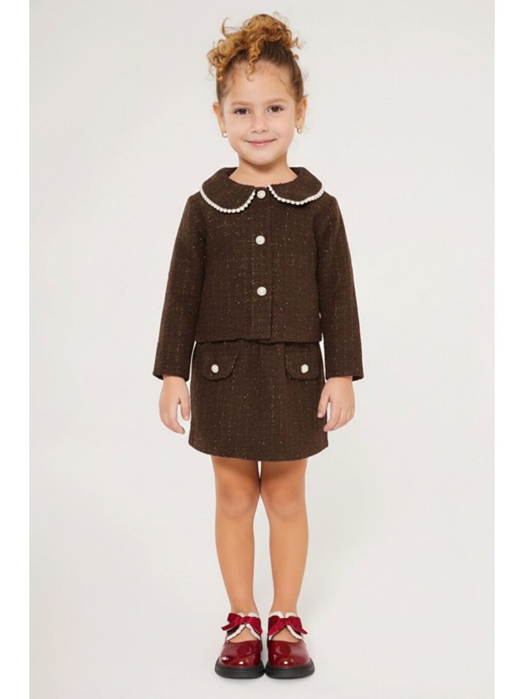 Kahverengi Kız Çocuk Bayramlık İnci Detaylı Tüvit Takım 12543-1