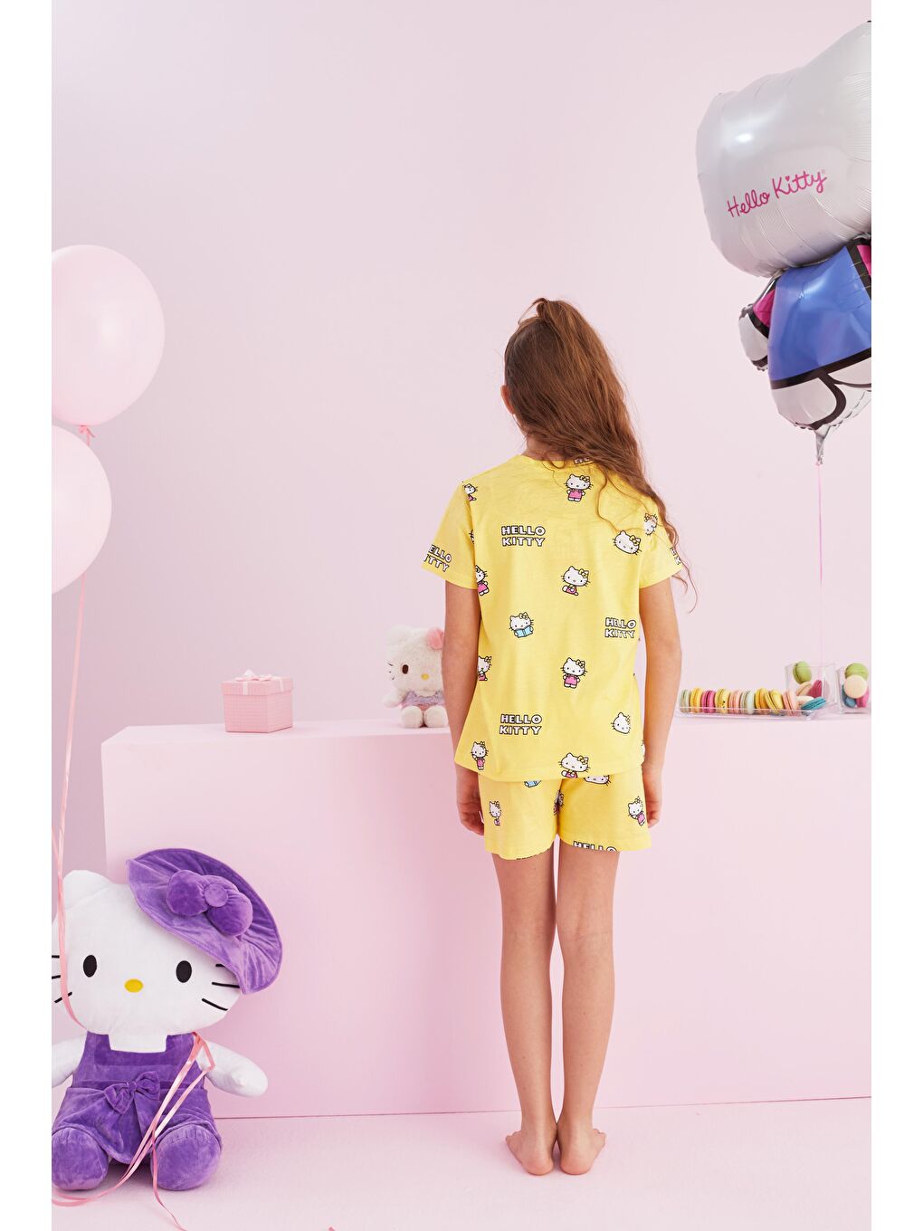 SİYAH İNCİ Sarı Hello Kitty Lisanslı %100 Pamuk Sarı Çok Renkli Bisklet Yaka Şort Pijama Takım - 2