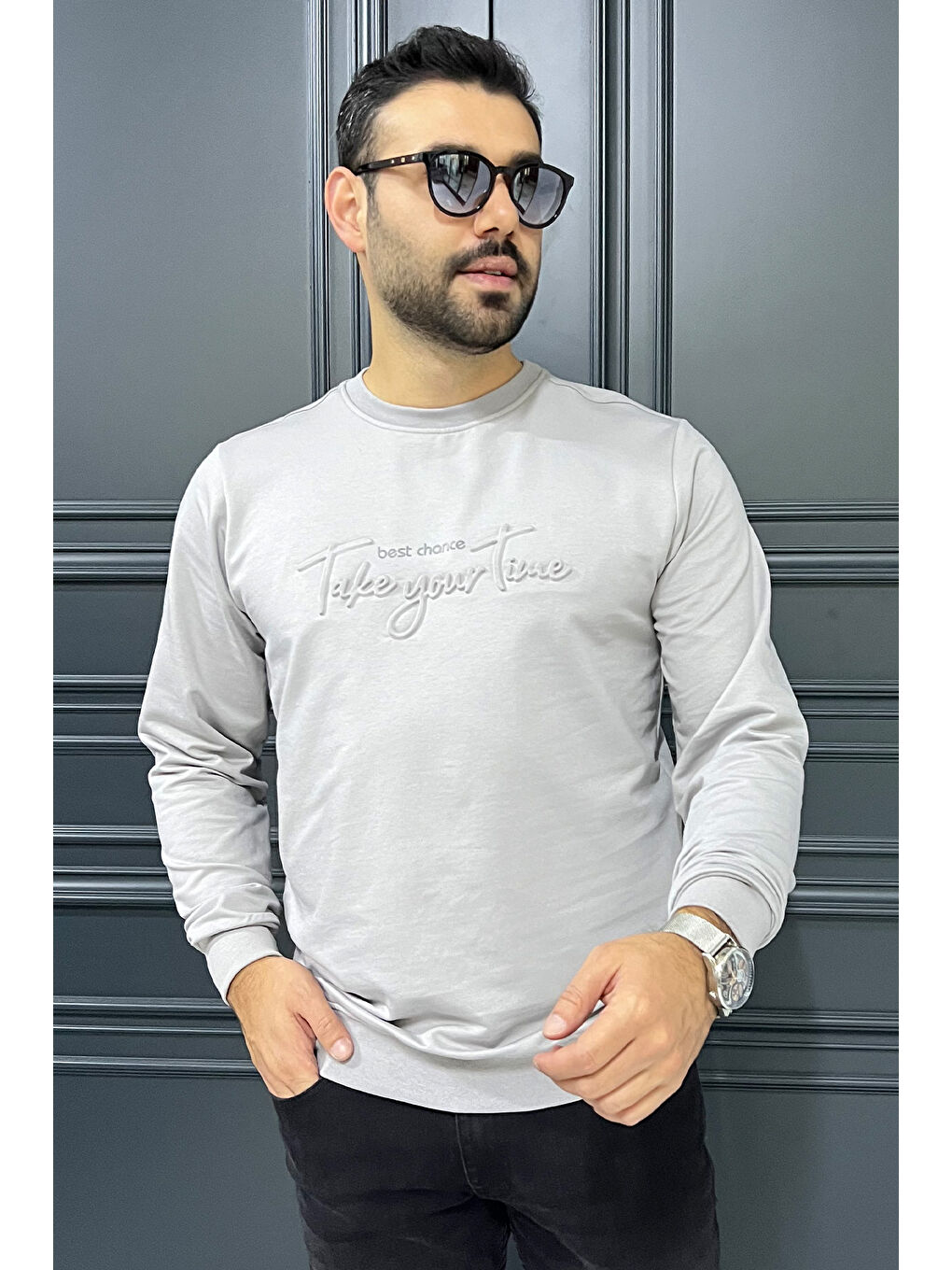 Mishar İtalia Gri Erkek Bisiklet Yaka Yazı Kabartmalı Sweatshirt - 1