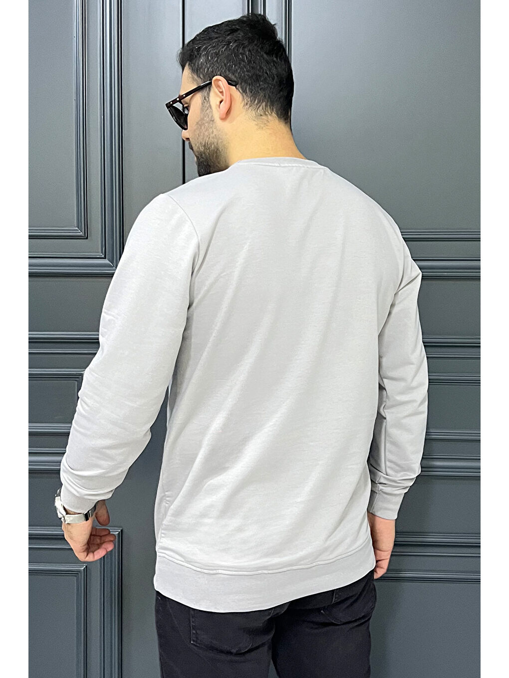 Mishar İtalia Gri Erkek Bisiklet Yaka Yazı Kabartmalı Sweatshirt - 2