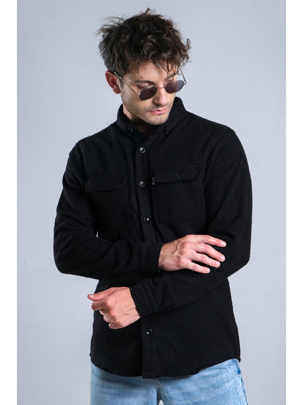 Siyah Demir Düğmeli Kapaklı Kışlık Oduncu Gömlek MAR 4145-6