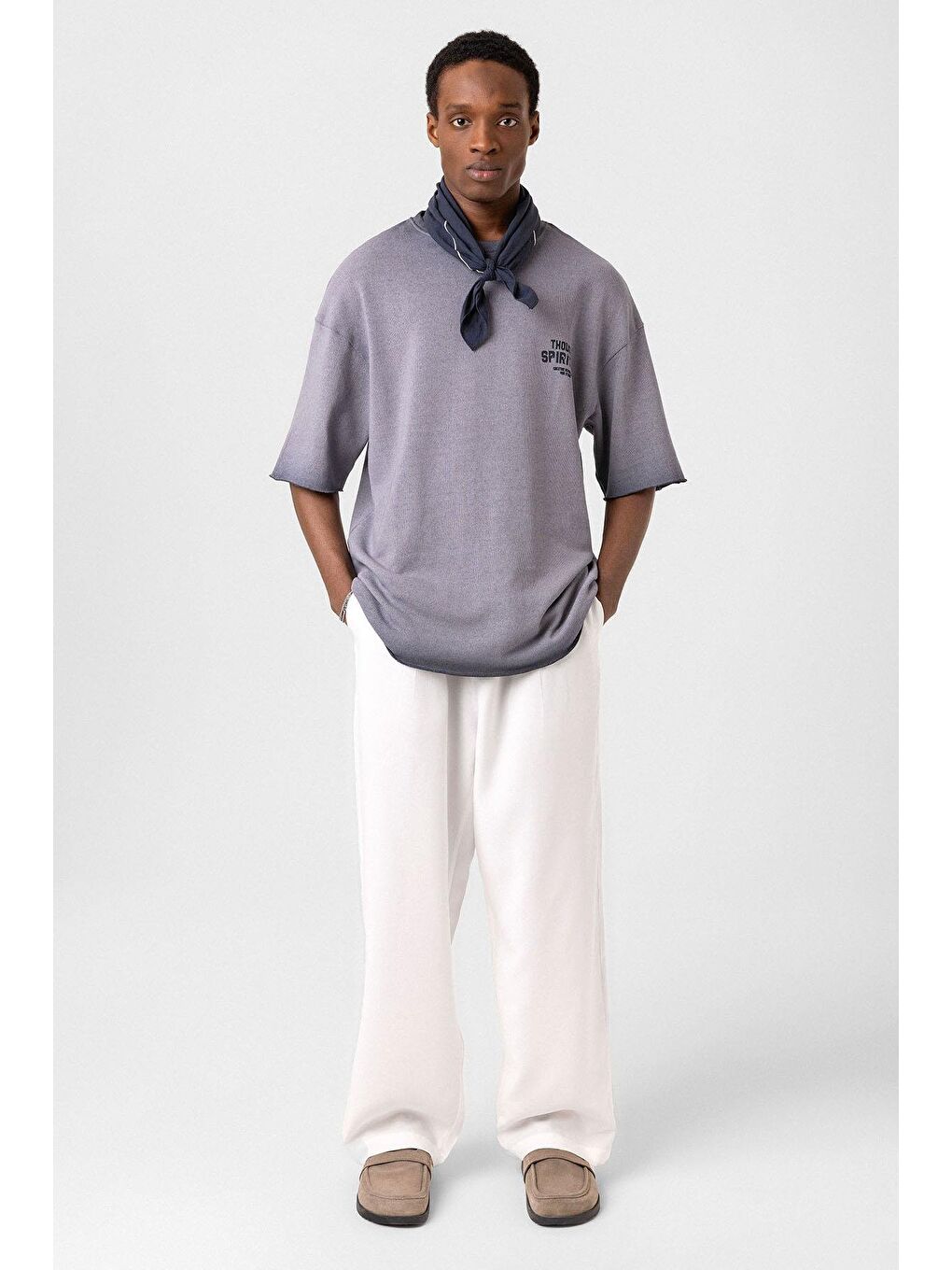 Yıkamalı Oversize Triko Tişört Gri