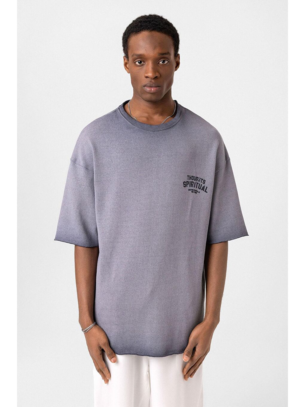 Yıkamalı Oversize Triko Tişört Gri-2