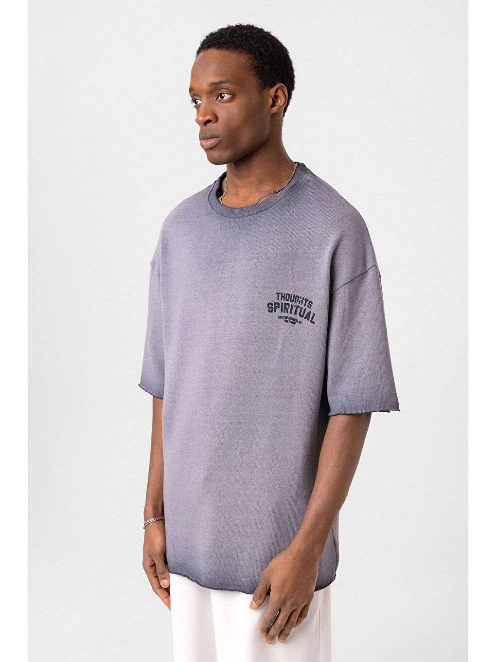 Yıkamalı Oversize Triko Tişört Gri-3