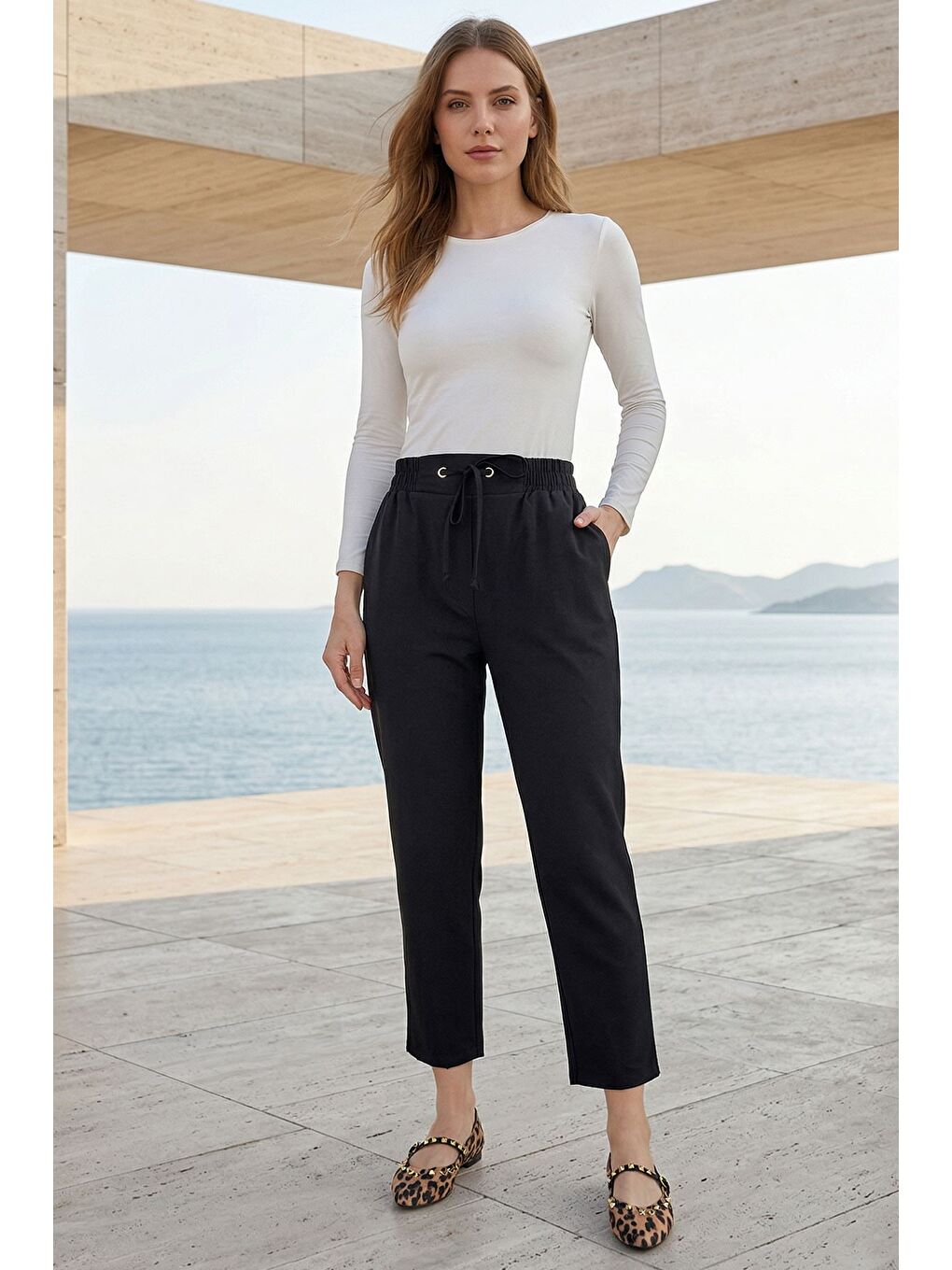 Siyah Kadın Bel Lastikli Pantolon