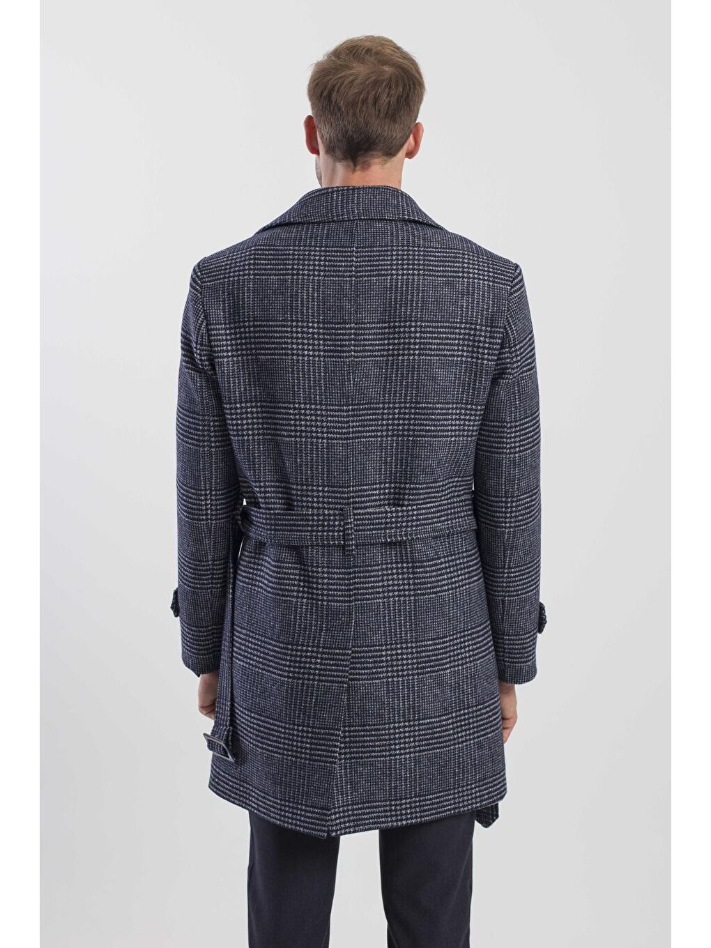 Lacivert Slim Fit Gemici Yaka Ekoseli Yünlü Kaban-3