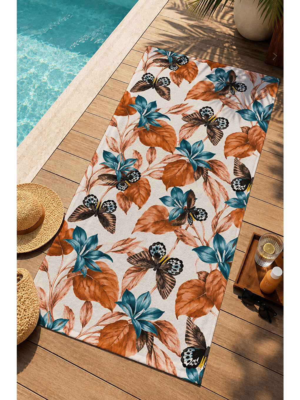 Bej Vintage Kelebek Ve Botanik Desenli 70x150 Plaj Havlusu - Dijital Baskılı Solmaz Banyo Havlusu