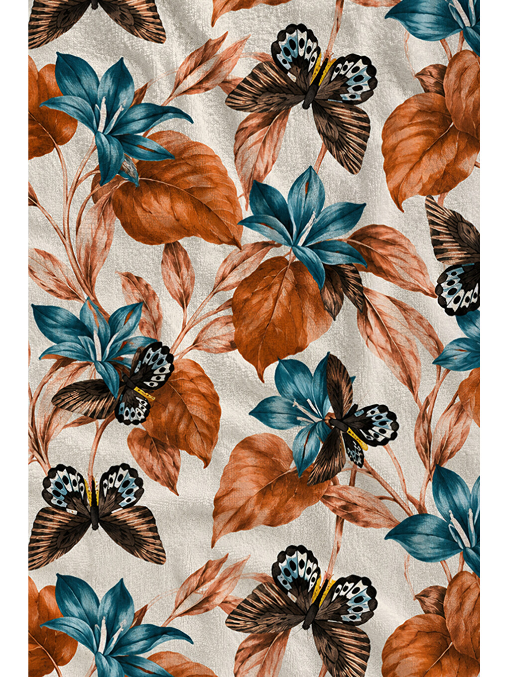 Bej Vintage Kelebek Ve Botanik Desenli 70x150 Plaj Havlusu - Dijital Baskılı Solmaz Banyo Havlusu-2
