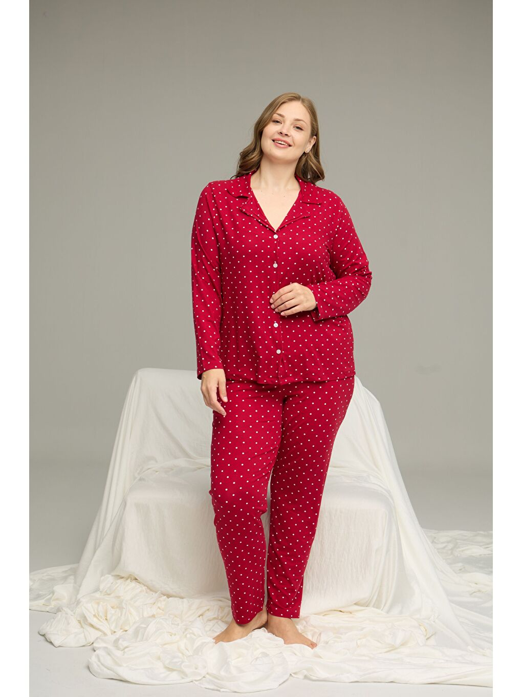 Bordo Desenli Büyük Beden Battal Boy Gömlek Yaka Düğmeli Milan Örme Pijama Takım25224319-1