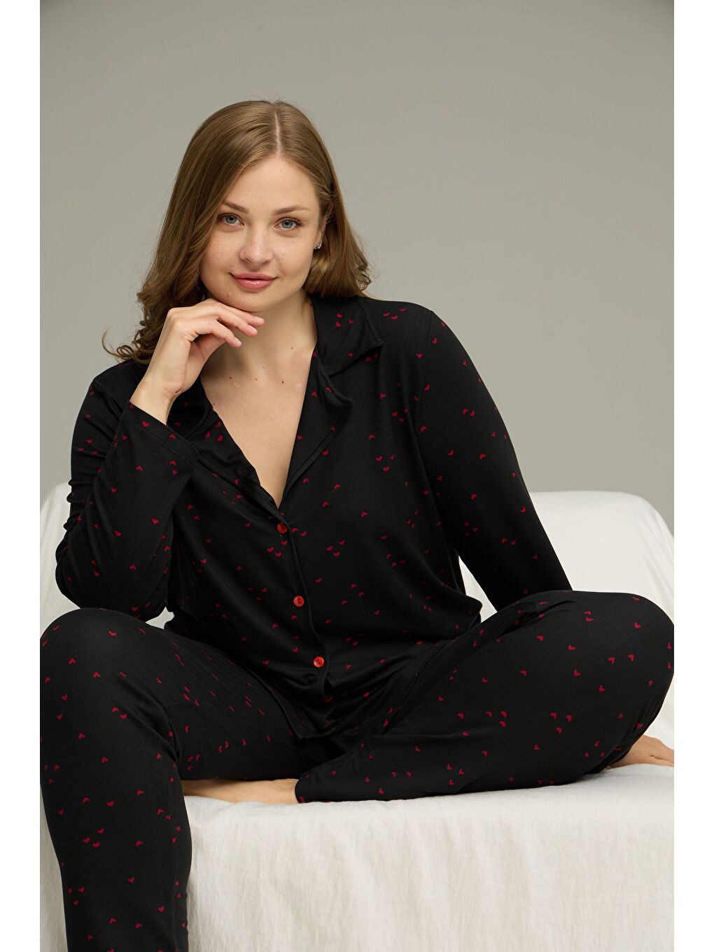 Siyah Desenli Büyük Beden Battal Boy Gömlek Yaka Düğmeli Milan Örme Pijama Takım25224320