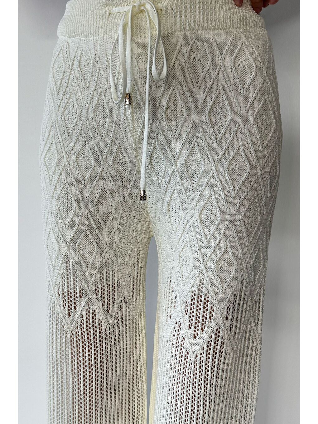 Ekru Kadın Bel Lastikli Ajurlu Triko Pantolon-2