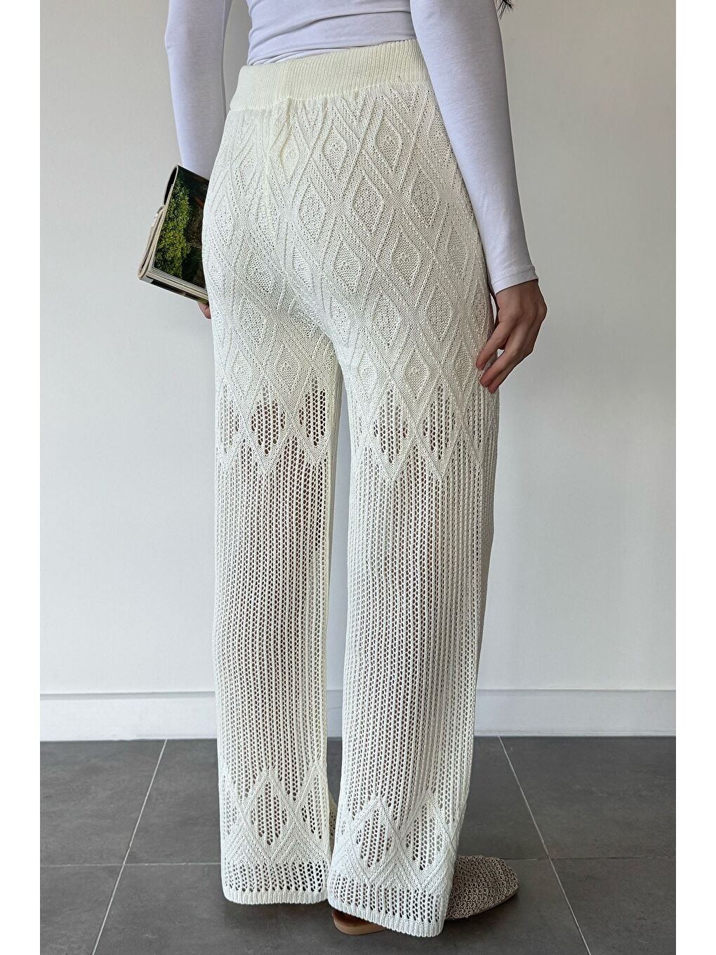 Ekru Kadın Bel Lastikli Ajurlu Triko Pantolon-3