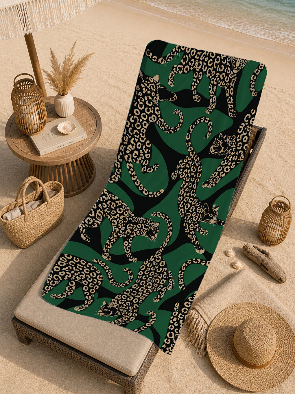 Maximalist Leopar Koyu Yeşil Desenli 70x150 Plaj Havlusu - Dijital Baskılı Solmaz Banyo Havlusu-3