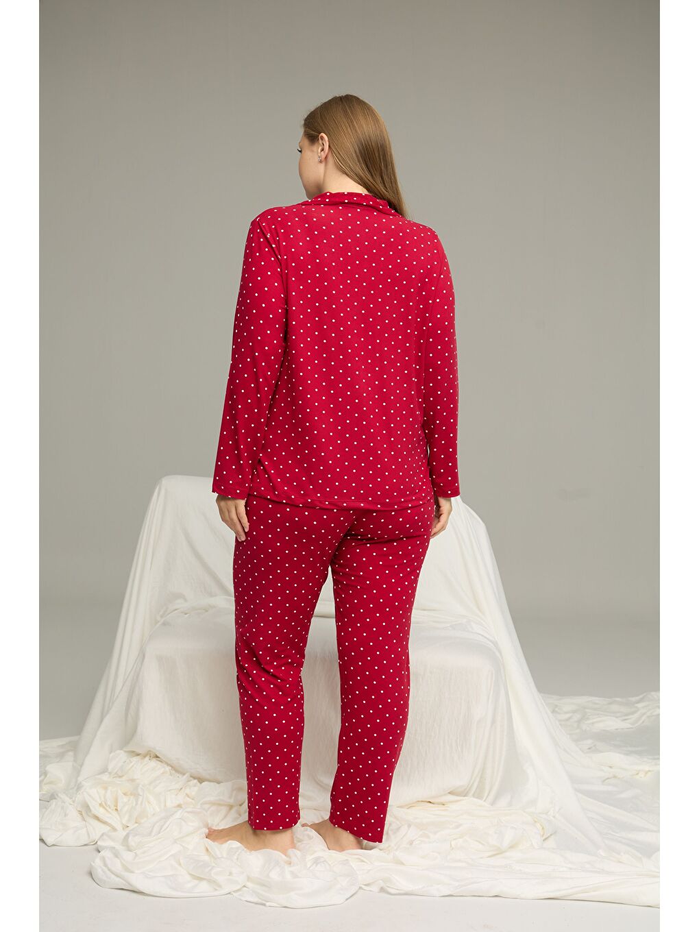 Bordo Desenli Büyük Beden Battal Boy Gömlek Yaka Düğmeli Milan Örme Pijama Takım25224319-2