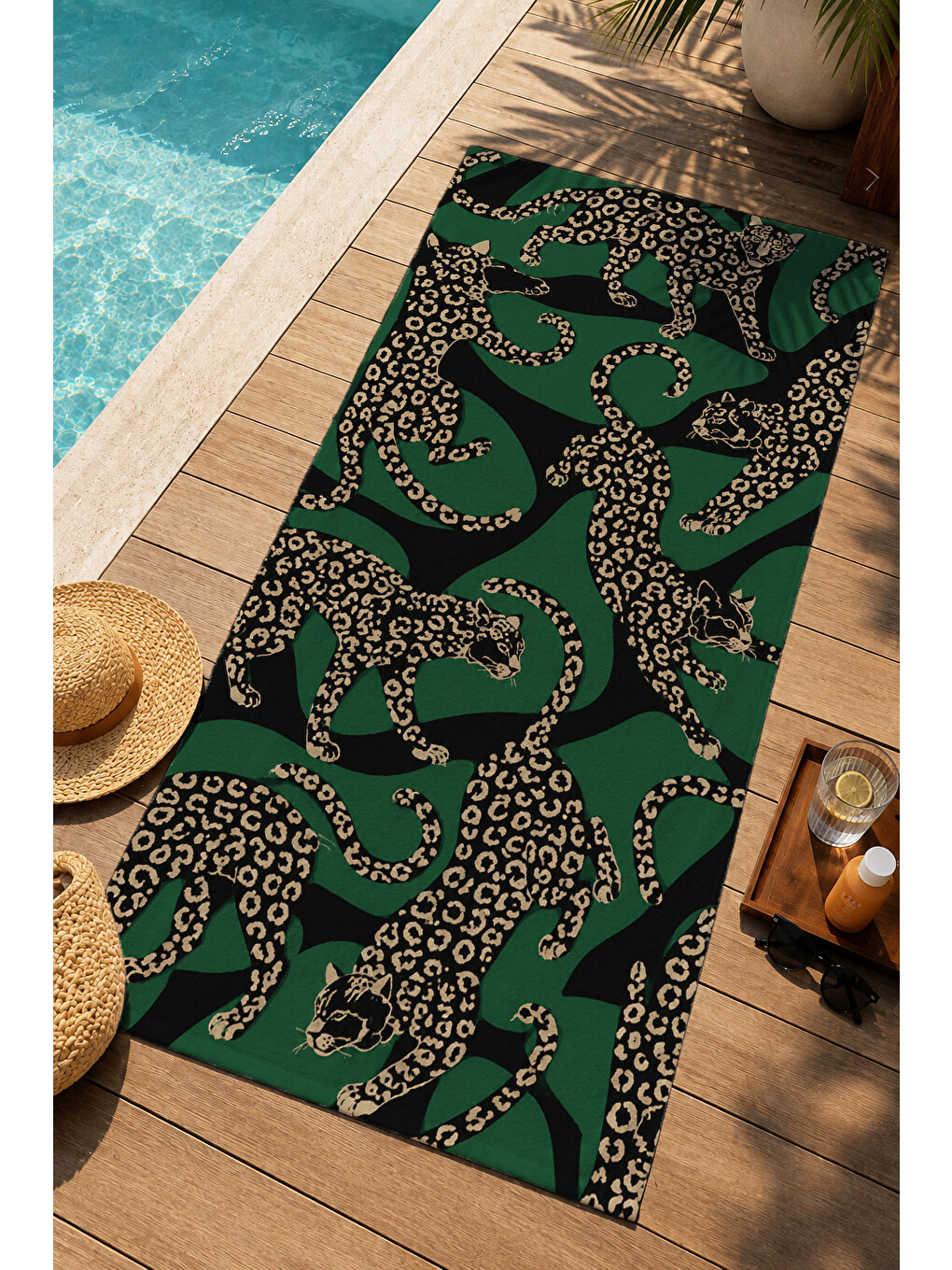 Maximalist Leopar Koyu Yeşil Desenli 70x150 Plaj Havlusu - Dijital Baskılı Solmaz Banyo Havlusu-4