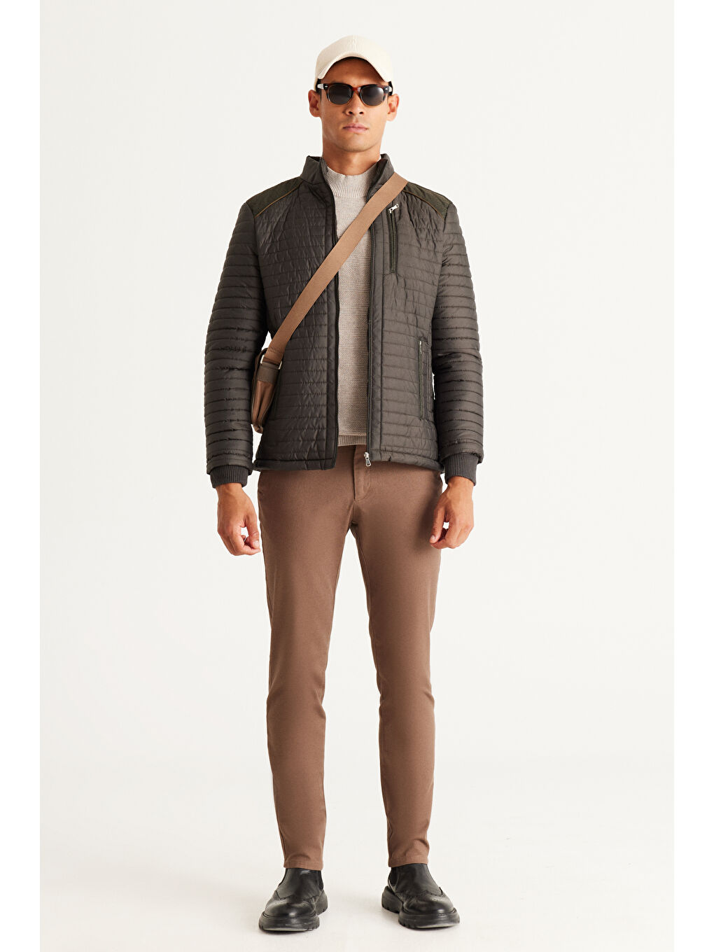 Erkek Haki Standart Fit Normal Kesim Dik Yaka Desenli Mont-1