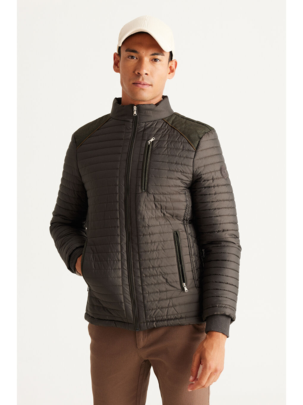 Erkek Haki Standart Fit Normal Kesim Dik Yaka Desenli Mont-3