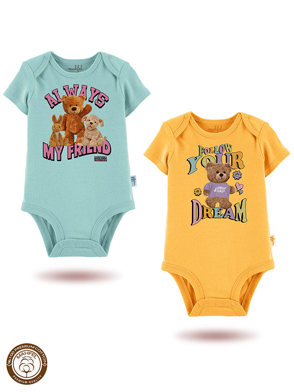 Kahverengi 2'Li %100 Pamuklu Organik Baskılı Kısa Kollu Çıtçıtlı Bebek Body Zıbın 779-781