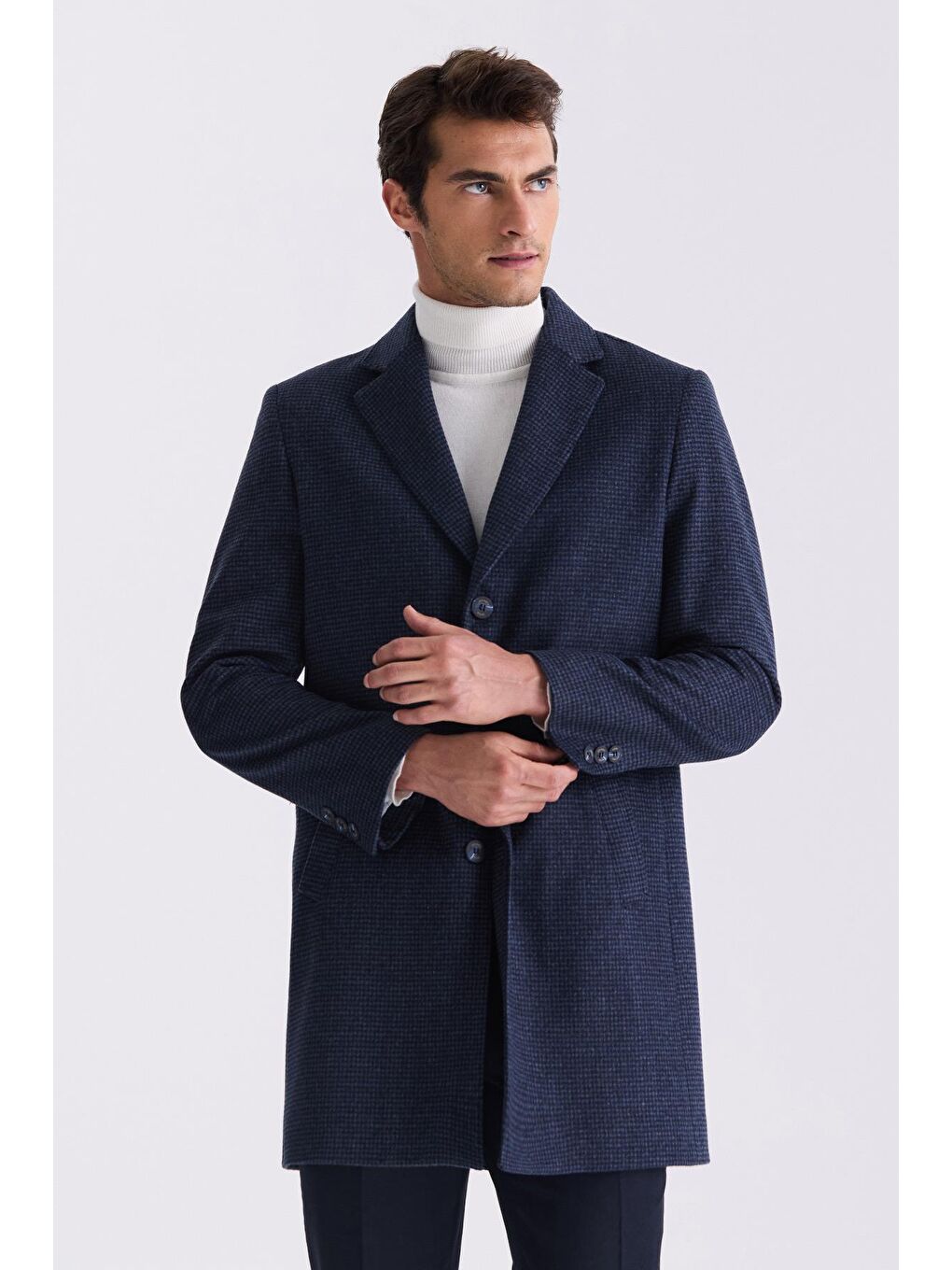 Lacivert Comfort Fit Mono Yaka Desenli Kareli Kaşe Kaban