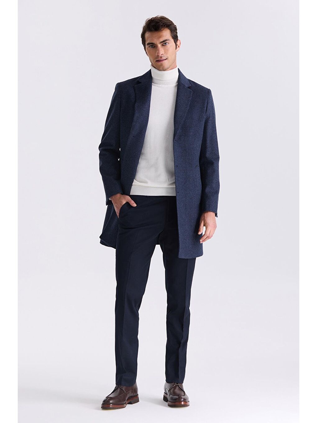 Lacivert Comfort Fit Mono Yaka Desenli Kareli Kaşe Kaban-1