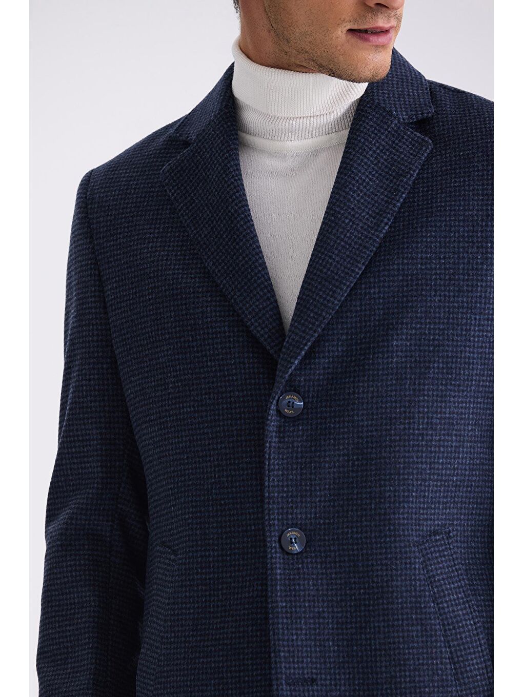 Lacivert Comfort Fit Mono Yaka Desenli Kareli Kaşe Kaban-2