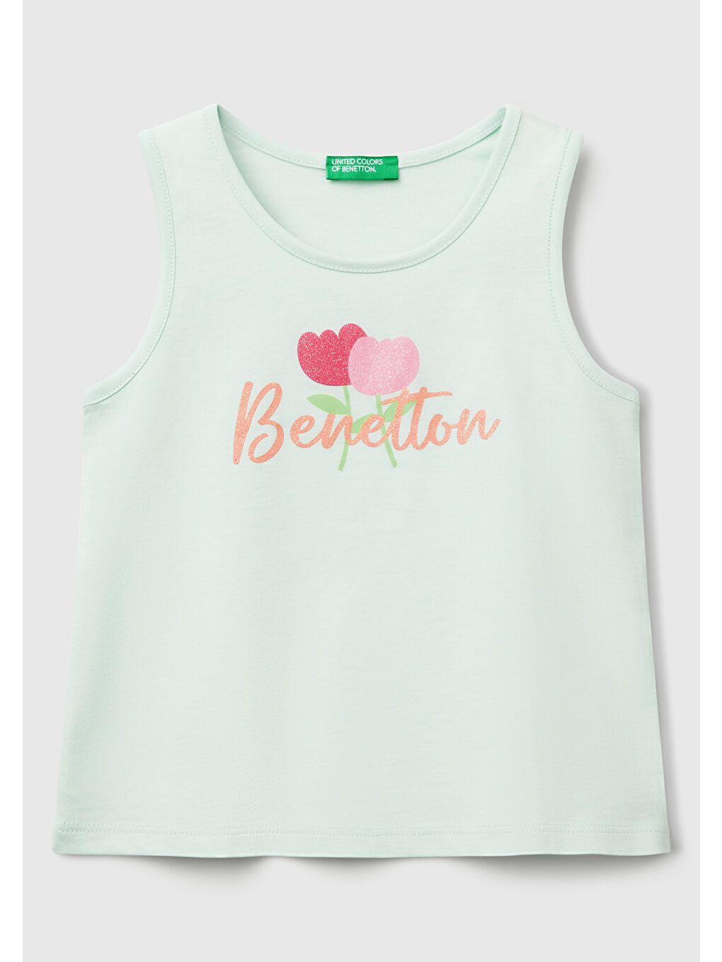 Turkuaz Kız Çocuk Su Yeşili Simli Benetton Logo Baskılı Atlet