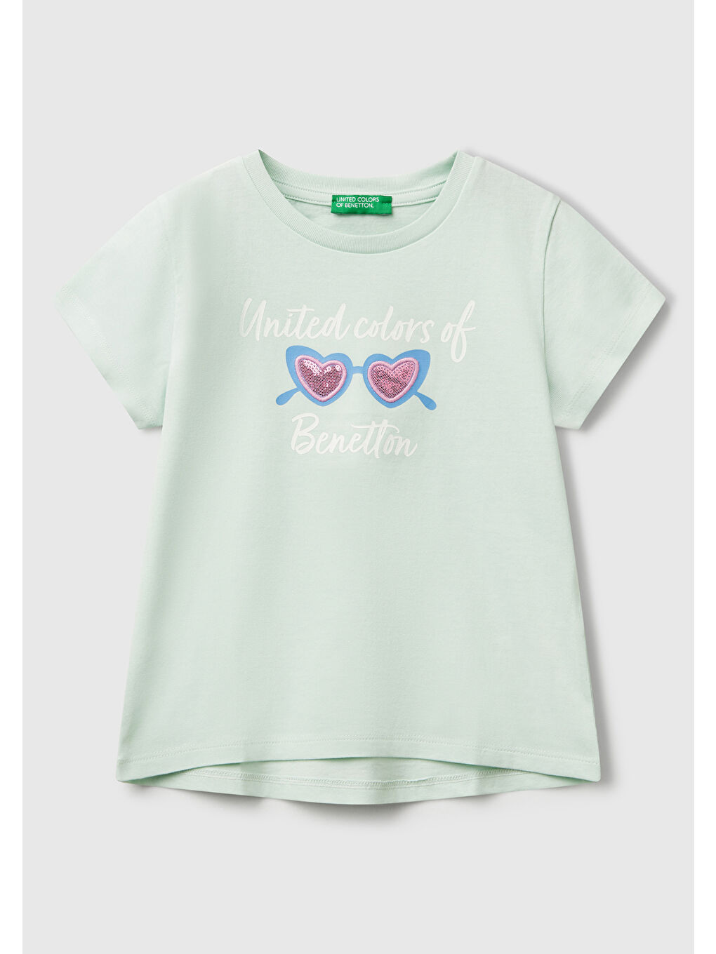 Turkuaz Kız Çocuk Su Yeşili Simli Benetton Logo Baskılı T-Shirt