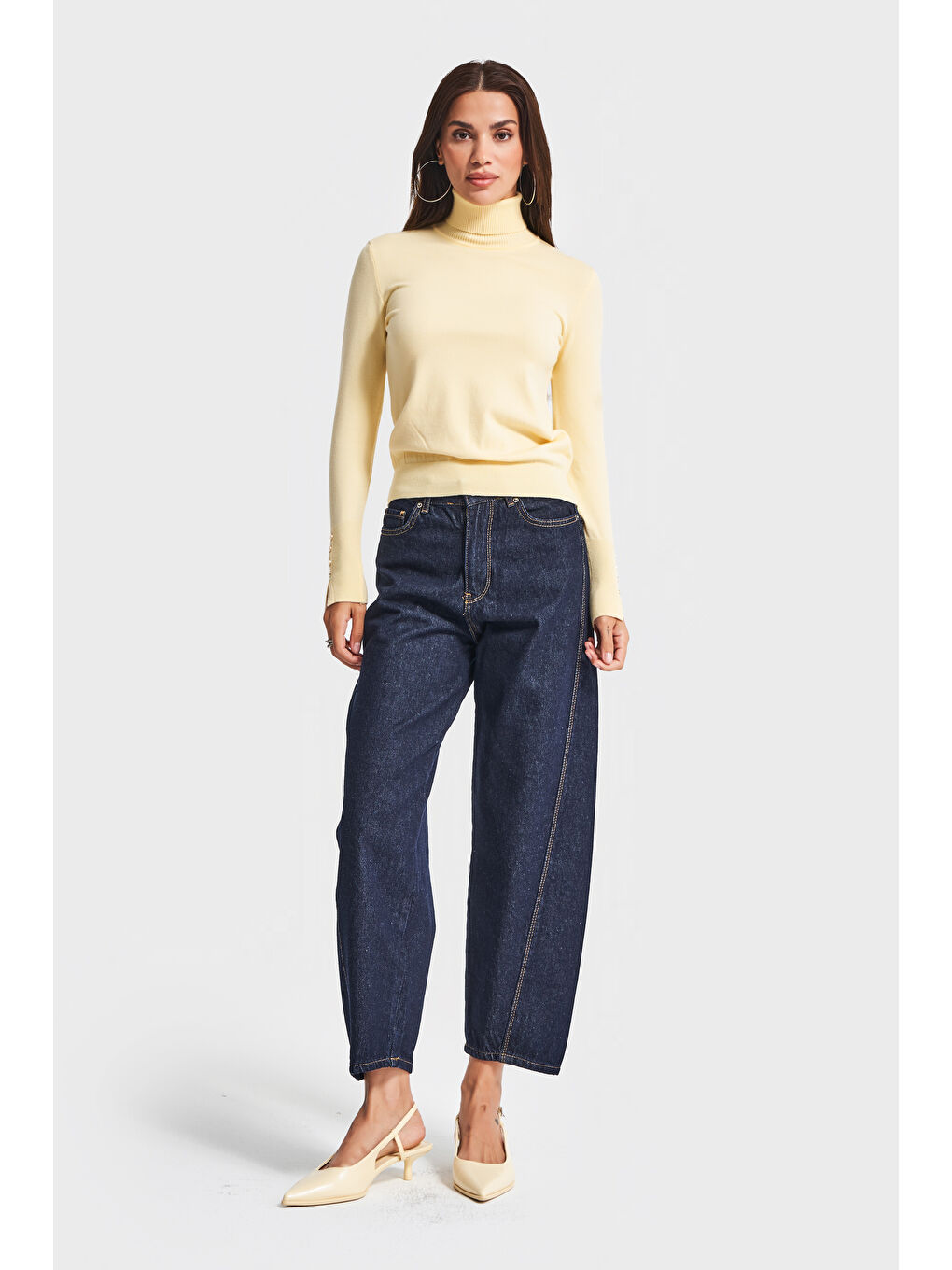 Kadın Açık Sarı Renk w5-108 Yumuşak İnce Triko Kumaş Balıkçı Yaka Triko Kazak-2