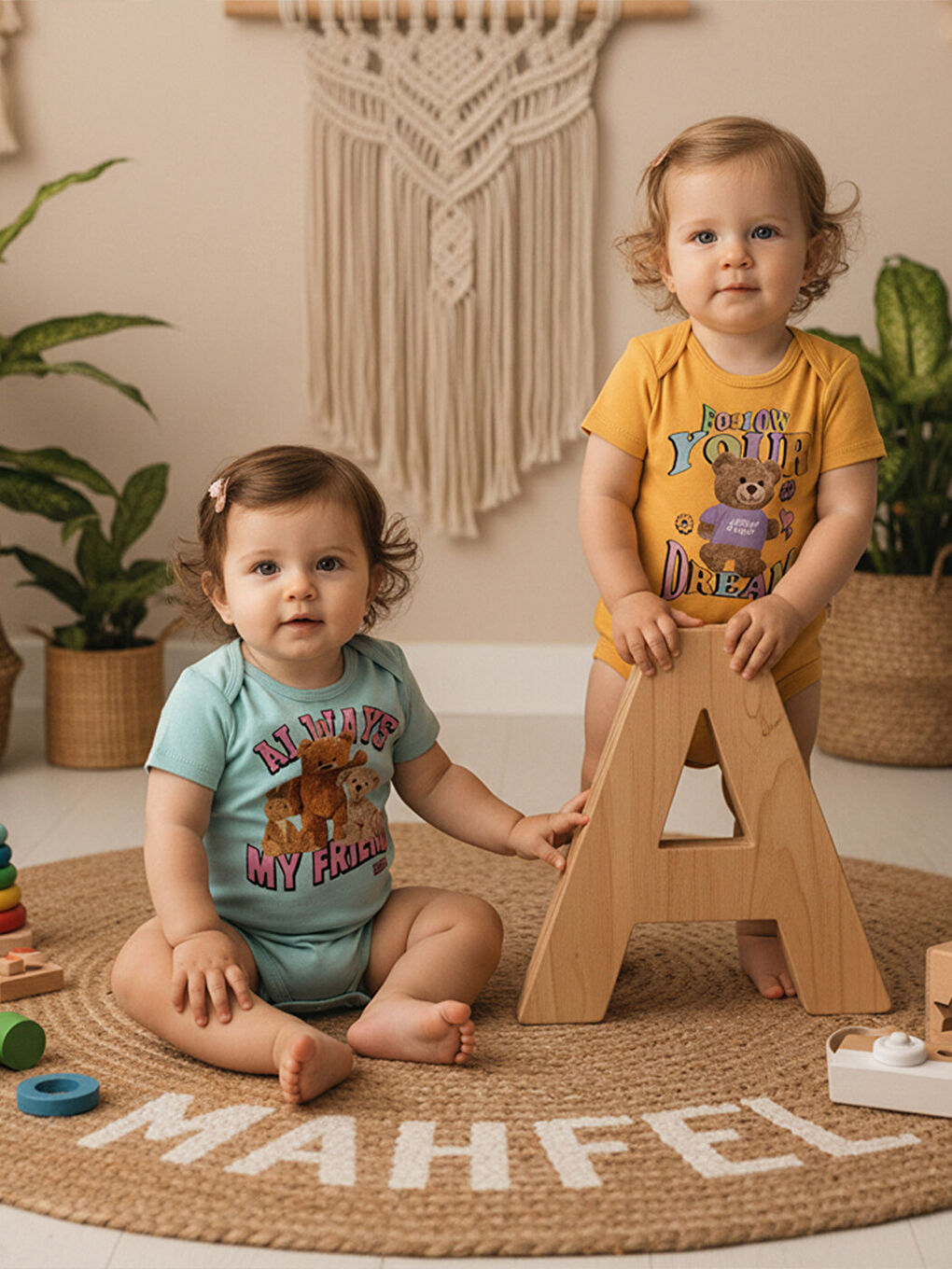 Kahverengi 2'Li %100 Pamuklu Organik Baskılı Kısa Kollu Çıtçıtlı Bebek Body Zıbın 779-781-1