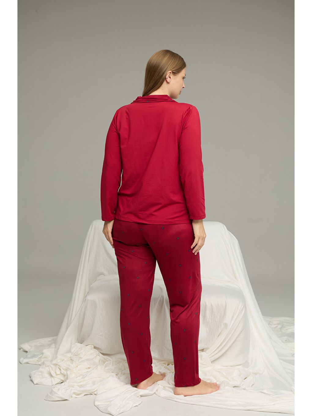 Bordo Desenli Büyük Beden Battal Boy Gömlek Yaka Düğmeli Milan Örme Pijama Takım25224323-2