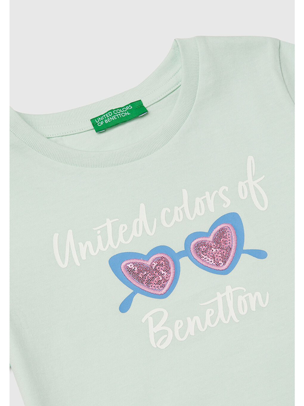 Turkuaz Kız Çocuk Su Yeşili Simli Benetton Logo Baskılı T-Shirt-2