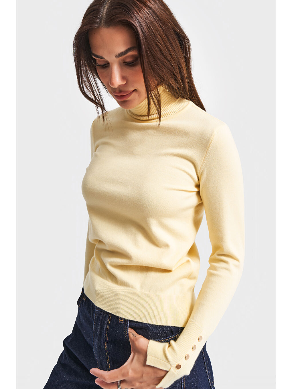 Kadın Açık Sarı Renk w5-108 Yumuşak İnce Triko Kumaş Balıkçı Yaka Triko Kazak-4